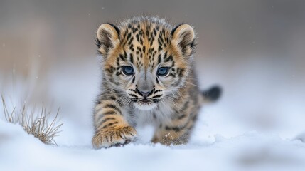 Fototapeta premium Vulnerable Amur Leopard cub explores snowy terrain with earnest curiosity