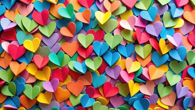 Close-up of a colorful background made of paper hearts in a random arrangement, hearts, patterns