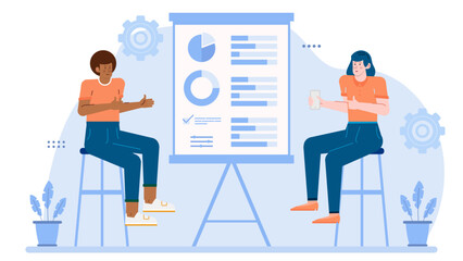 Two people analyzing data charts and graphs together, suitable for presentations, reports, financial analysis, teamwork concepts, and business discussions.