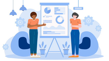 Two people presenting data charts by whiteboard, suitable for business presentations, teamwork concepts, corporate meetings, and data analysis materials.