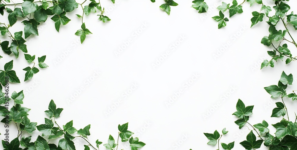 Poster lush green ivy leaves create a frame on a white background, leaving a blank space in the center for 