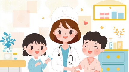 A friendly nurse preparing to give a vaccination to a smiling young patient in a pediatric medical clinic or hospital setting