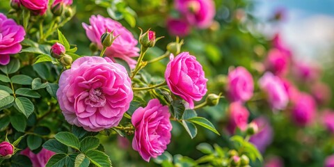 Close-up view of Rosa damascena shrub plant in Bulgaria's Valley of Roses, color palette, rosa damascena