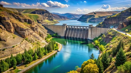 A large concrete dam on the Snake River, with lush greenery and a serene lake behind it, in a scenic canyon setting , Rural Landscape, Canyon Scenery