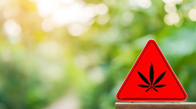 Close-up of red warning sign with cannabis leaf symbol, caution alert for marijuana and drug awareness, substance abuse prevention concept.
