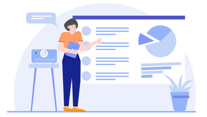 Woman presents pie chart, bar graph. Suitable for business presentations, data analysis blogs, financial reports, and marketing materials.