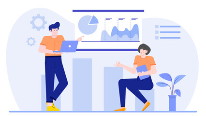 Two people discussing charts on a whiteboard in an office setting. Great for presentations, business meetings, teamwork concepts.