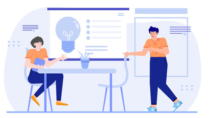 Two people brainstorming with a lightbulb idea. Perfect for business presentations, creative concepts, teamwork, brainstorming, collaboration, and innovation.