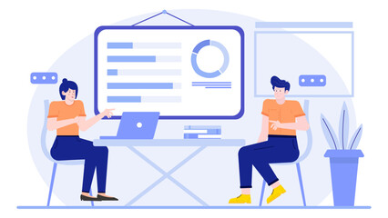 Title Two people studying a pie chart presentation. Suitable for business or financial presentations, reports, articles, and analysis blogs.
