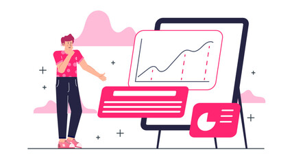 Man presenting a line graph on a whiteboard, suitable for business presentations, educational materials, financial reports, and data analysis content.