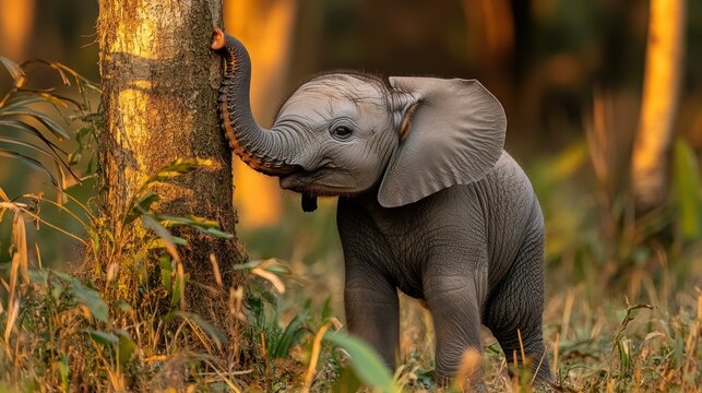 Enchanting portrait of a playful baby elephant exploring its natural habitat - Powered by Adobe