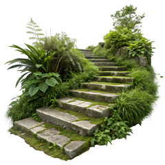 Obraz premium Overgrown Stone Steps: Lush Greenery and Rustic Charm on transparent background