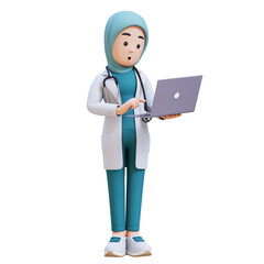 3D render muslim woman medical doctor character in a white lab coat is holding a laptop computer and surprised