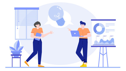 Man and woman discussing idea and looking at charts. Suitable for business presentations, teamwork concepts, and financial discussions.