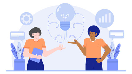 Two individuals sharing a creative light bulb idea concept, perfect for presentations, brainstorming, innovation, discussion, teamwork, and collaboration visuals.