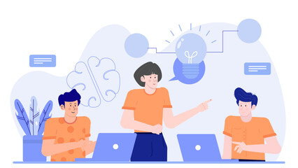 Three people brainstorming with a lightbulb idea. Suitable for business, creativity, teamwork concepts in presentations, websites, and marketing materials.