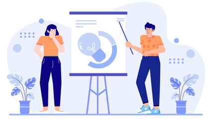 Creative teamwork brainstorming session with a lightbulb and pie chart on a whiteboard, suitable for business presentations and collaboration concepts.
