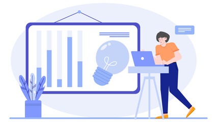 Woman working at a desk with a lightbulb and graphs. Perfect for business presentations, creative brainstorming concepts, and office themed designs.