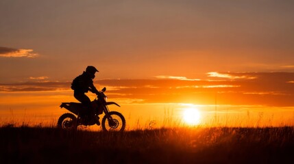 Obraz premium motorcycle rider silhouetted against a sunset.