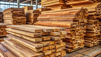 Fototapeta premium Teak wood planks arranged in a stack waiting to be cut into wooden blocks for furniture making, industry