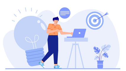 Man works on a laptop with a lightbulb and a target behind him. Suitable for business, technology, innovation concepts. LED light target market.