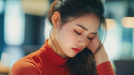 Fototapeta premium Overworked young Asian businesswoman office worker suffering from neck pain after had a long day at her office desk. office syndrome concept