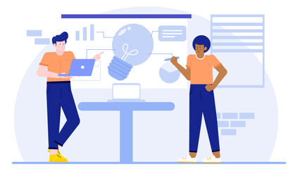 Two people discussing a lightbulb idea, suitable for marketing concepts, brainstorming, teamwork, innovative thinking, creative solutions, business strategies.