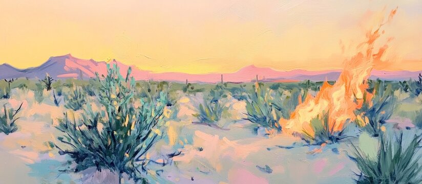 Gouache painting of a desert at dusk with bush on fire in impressionist style, with painterly brushstrokes and colorful pastel