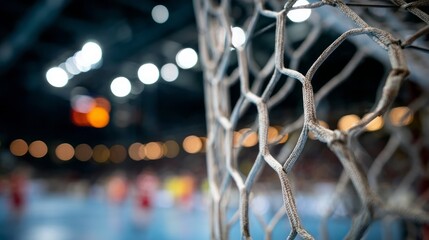 handball goal net close up with stadium light in background.