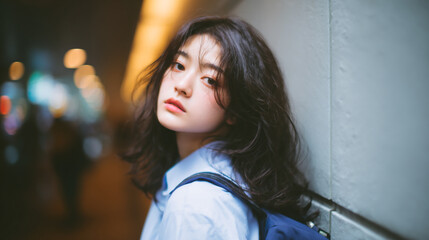 Thoughtful young woman with short black hair looking away in soft natural light with blurred dark background for emotional portrait and introspective mood