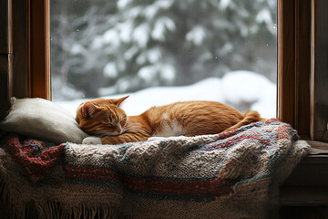 Cozy Ginger Cat Sleeping on Windowsill with Patterned Blanket and Winter View
