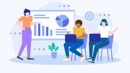 Woman presenting bar chart to group, suitable for business presentations, data analysis reports, financial pitches, market research discussions.