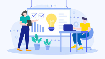 Two people brainstorming in an office with a lightbulb, laptop, and whiteboard. Suitable for business presentations or creative teamwork concepts.