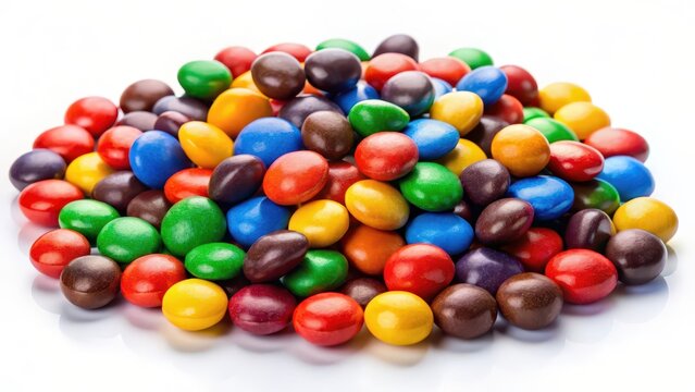 Colorful Chocolate M&Ms Candy Heap on White Background, colorful, red orange yellow green blue purple chocolate candy colorful candy mix colorful sweets colorful treats