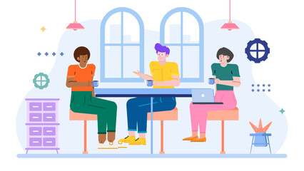 Three people at an office table. Suitable for business, teamwork, meetings, office environment, diverse workforce, and corporate settings.