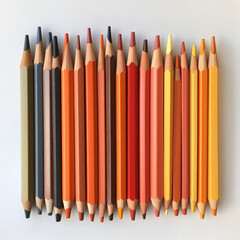 Horizontal Row of Colored Pencils in Shades of Orange, Red, Brown, and Dark Grey