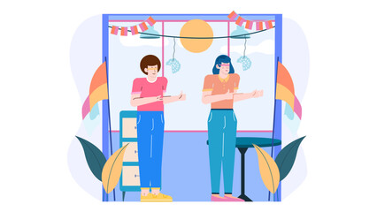 Two people in a decorated room suitable for holiday greeting cards, interior design blog, party invitations, festive event promotions.