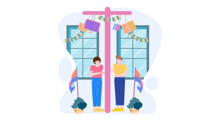 Two men standing near a decorated pole. Suitable for cultural event promotions or diversity concept illustrations in various designs.