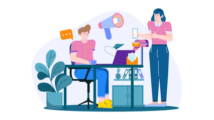Man and woman in business setting, discussing work at desk. Suitable for business presentations, office environment concepts, teamwork illustrations.