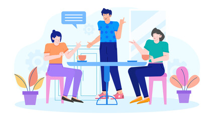 Three friends chatting over coffee at a cozy cafe. Perfect for lifestyle blogs, social media posts, and casual restaurant promotions.