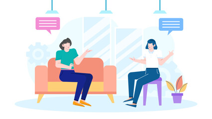 Two women talking in a brightly colored room, ideal for illustrating friendly discussions, diverse communication, and vibrant interior design themes.