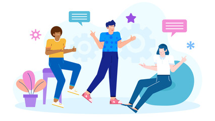 Three people conversing with hand gestures in a casual setting. Ideal for communication, teamwork, cooperation, networking, and social interaction concepts.