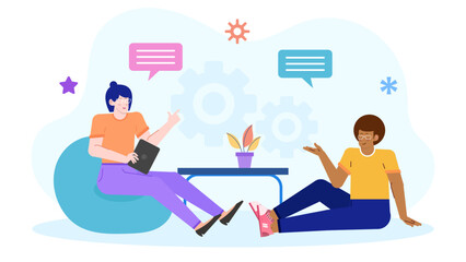 Title Two people sitting and talking about a plan. Suitable for business presentations, teamwork concepts, brainstorming sessions, project management, communication strategies.