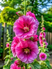 Tall pink hollyhock flower with frilly purple stem and lush green foliage