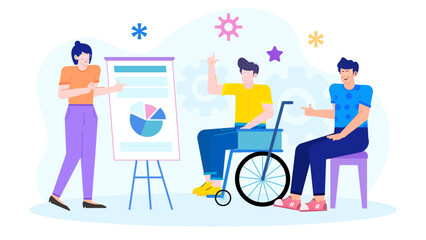 Three people are discussing a pie chart on a whiteboard. Suitable for business presentations, team meetings, and financial analysis concepts.