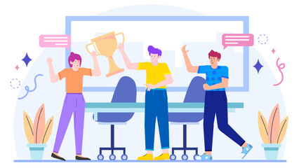 Three people jubilantly celebrating with a trophy on a festive table. Ideal for depicting success, teamwork, celebration, and achievement.