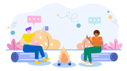 Two people sitting by a campfire, engaging in conversation. Suitable for outdoor, camping, friendship, leisure, nature, communication, and socializing concepts.