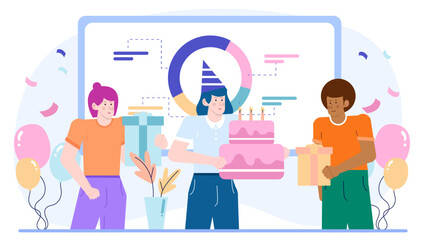 Three people enjoying a festive birthday celebration with cake and gifts, perfect for greeting cards, invitations, and social media posts.