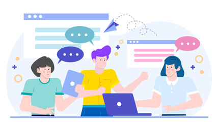 Three people collaborating on a laptop, suitable for business presentations, teamwork concepts, remote work, technology blogs, and corporate websites.