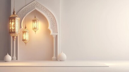 Happy Eid Mubarak. 3D Realistic Poster Design with Bedug, Lantern and Islamic Ornament.